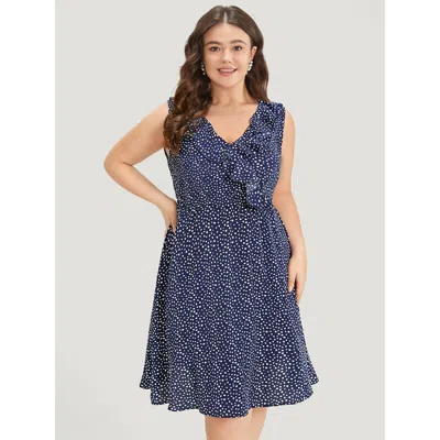 Bloomchic Women's Plus Size Polka Dot Ruffle Trim V Neck Sleeveless Dress Darkblue Dailywear Pocket 28/5x In Blue