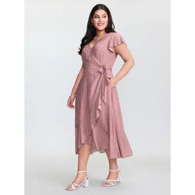 Bloomchic Women's Plus Size Polka Dot Ruffled Hem Waist Tie Midi Dress Crepe Polka Dots Midi Elegant Tie Knot 