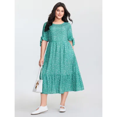 Bloomchic Women's Plus Size Polka Dot Sleeve Ties Midi Dress Emerald Polka Dots Midi Casual Tie Knot 10/m In Green