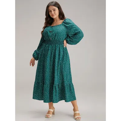 Bloomchic Women's Plus Size Polka Dot Square Neck Shirred Button Detail Dress Teal Dailywear Elastic Cuffs 14- In Blue