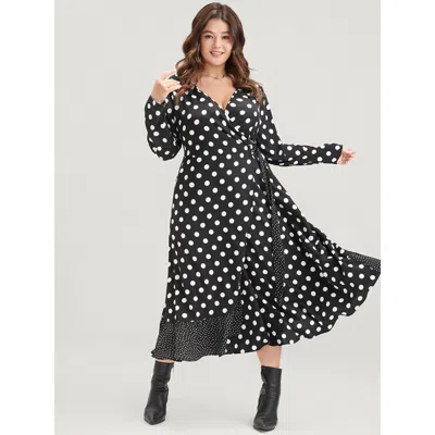 Bloomchic Women's Plus Size Polka Dot Surplice Neck Tie Side Pocket Ruffle Hem Dress Black Polka Dots Dailywea