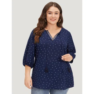 Bloomchic Women's Plus Size Polka Dot Tassels Ties Elastic Cuffs Blouse Indigo Vacation 3/4 Sleeve 10/m In Purple