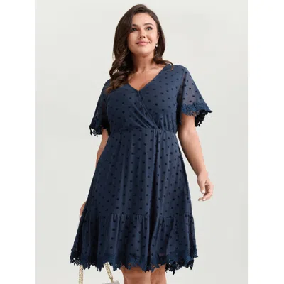 Bloomchic Women's Plus Size Polka Dot Textured Lace Trim Mini Dress Indigo Synthetic Texture Short Elegant Ove In Purple