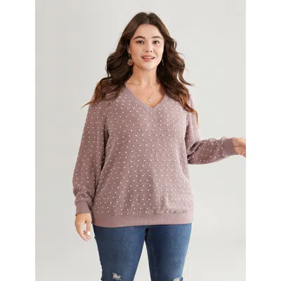 Bloomchic Women's Plus Size Polka Dot Textured V Neck Rib Knit Sweatshirt Mauve Polka Dot Dailywear 22-24/3x In Purple