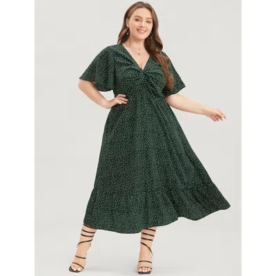 Bloomchic Women's Plus Size Polka Dot Twist Front Pocket Flutter Hem Dress Darkgreen Polka Dots Dailywear Pock In Green