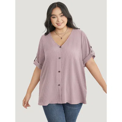 Bloomchic Women's Plus Size Polka Dot V Neck Button Detail Cuffed Sleeve Blouse Mauve Office 3/4 Sleeve 10/m In Purple
