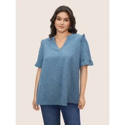 Bloomchic Women's Plus Size Polka Dot V Neck Ruffle Trim Blouse Blue Polka Dots Everyday Short Sleeve 10/m