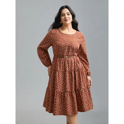 Bloomchic Women's Plus Size Polka Dot Waist-cinched Tiered Dress Rust Polka Dots Midi Office Ruffles 10/m In Brown