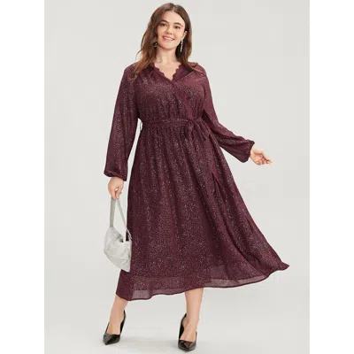 Bloomchic Women's Plus Size Polka Dot Wrap Lace Trim Lantern Sleeve Pocket Belted Dress Burgundy Solid Going O