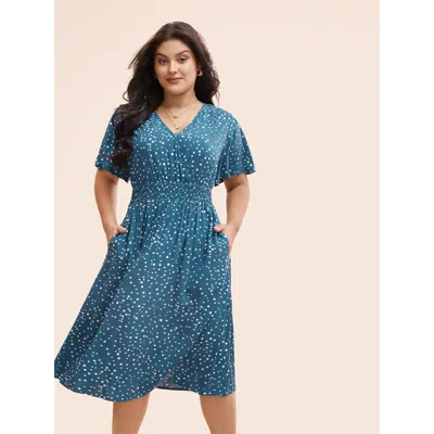 Bloomchic Women's Plus Size Polka Dot Wrap Pocket Shirred Ruffle Sleeve Dress Aegean Polka Dots Midi Elegant N In Blue