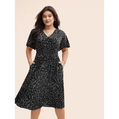 Bloomchic Women's Plus Size Polka Dot Wrap Pocket Shirred Ruffle Sleeve Dress Black Polka Dots Midi Elegant No