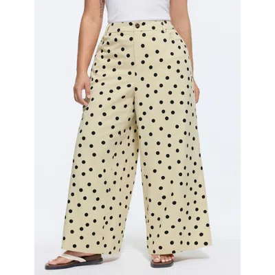 Bloomchic Women's Plus Size Polka Dots Button Front Straight-fit Pants Ivory Polka Dots Wide Leg Mid Rise Casu In White