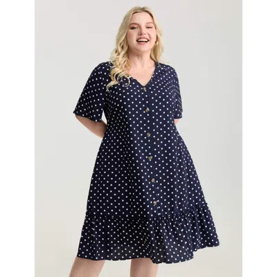 Bloomchic Women's Plus Size Polka Dots Charm Button Detail Mini Dress Darkblue Polka Dots Knee Casual Button 1 In Blue