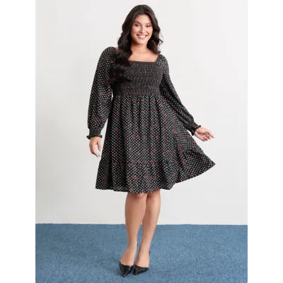 Bloomchic Women's Plus Size Polka Dots Cherry Shirred Bodice Knee Dress Black Polka Dots Short Elegant 22-24/3
