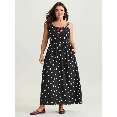 Bloomchic Women's Plus Size Polka Dots Color Contrast Tie Maxi Dress Blackflower Polka Dots Maxi Casual Smocke