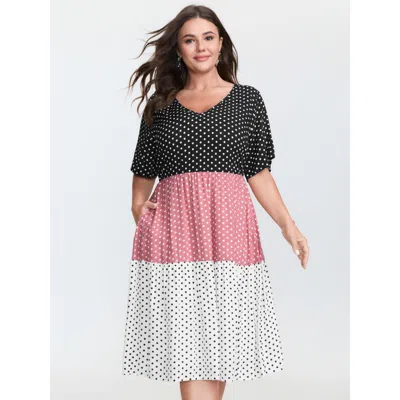 Bloomchic Women's Plus Size Polka Dots Colorblock Midi Dress Multicolor Polka Dots Midi Casual Colorblock 12/l