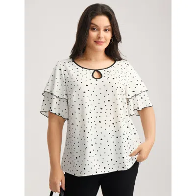 Bloomchic Women's Plus Size Polka Dots Contrast Layered Sleeve Blouse Originalwhite Polka Dots Office Short Sl