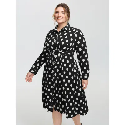 Bloomchic Women's Plus Size Polka Dots Crossover Pleated Waist Midi Dress Black Polka Dots Midi Elegant Tie Kn