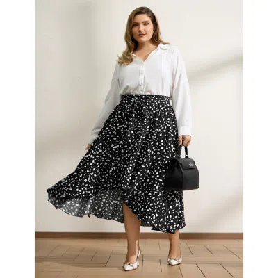 Bloomchic Women's Plus Size Polka Dots High Low Hem Midi Skirt Black Asymmetrical Flared Office 12/l