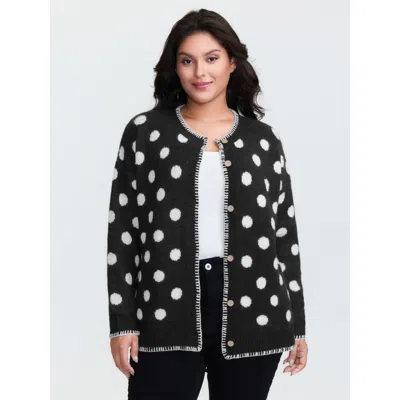 Bloomchic Women's Plus Size Polka Dots Jacquard Buttons Knit Cardigan Black Long Sleeve Round Neck 10/m