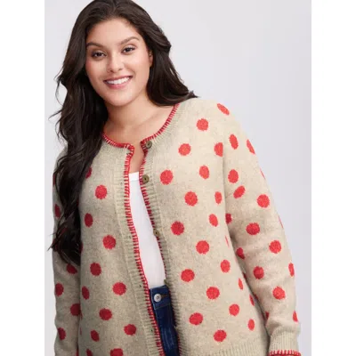 Bloomchic Women's Plus Size Polka Dots Jacquard Buttons Knit Cardigan Lightbrown Long Sleeve Round Neck 10/m In Brown