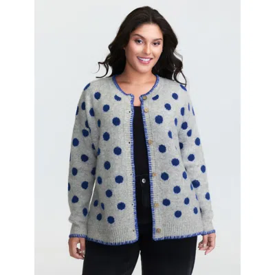 Bloomchic Women's Plus Size Polka Dots Jacquard Buttons Knit Cardigan Mediumgray Long Sleeve Round Neck 12/l