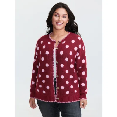 Bloomchic Women's Plus Size Polka Dots Jacquard Buttons Knit Cardigan Scarlet Long Sleeve Round Neck 10/m In Red