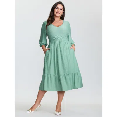 Bloomchic Women's Plus Size Polka Dots Knit Jacquard Stretchy Waist Midi Dress Mint Elegant Midi Non Sweethear In Green
