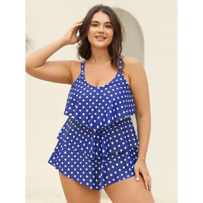 Bloomchic Women's Plus Size Polka Dots Layered Ruffled Swim Top Indigo Polka Dots Tiered Adaptive-fit 10/m In Purple