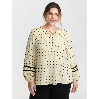 Bloomchic Women's Plus Size Polka Dots Neckline Tie Lace Blouse Apricot Polka Dots Elegant Long Sleeve 10/m In Orange