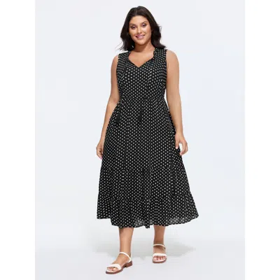Bloomchic Women's Plus Size Polka Dots Notched Drawstring Collar Midi Dress Pureblack Polka Dots Midi Casual L