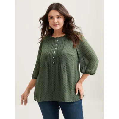 Bloomchic Women's Plus Size Polka Dots Pin Tuck Button Detail Blouse Armygreen Polka Dots Casual 3/4 Sleeve Ro