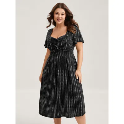 Bloomchic Women's Plus Size Polka Dots Pleated Overlap Bodice Midi Dress Black Polka Dots Mini Elegant Wrap / 
