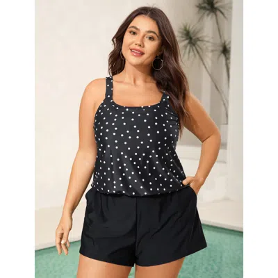Bloomchic Women's Plus Size Polka Dots Pockets Swim Romper Black Polka Dots Colorblock Adaptive-fit 26/4x