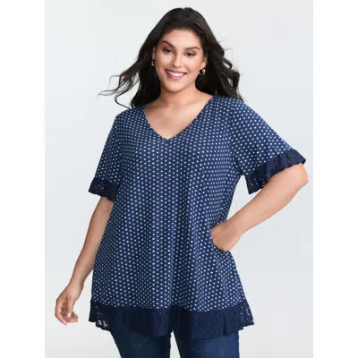 Bloomchic Women's Plus Size Polka Dots Print Lace Trim Knit Top Darkblue Short Sleeve Casual 18-20/2x In Blue