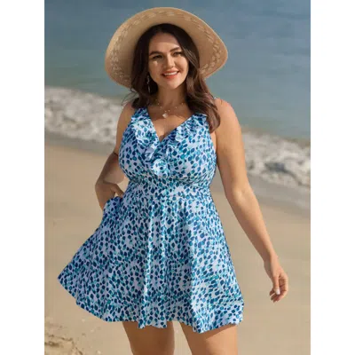 Bloomchic Women's Plus Size Polka Dots Print Pockets Swim Dress Lightblue Polka Dots Ruffles Anti-float Tie 12 In Blue