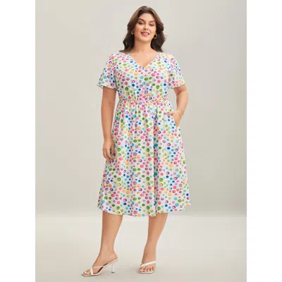 Bloomchic Women's Plus Size Polka Dots Print Pockets V-neck Midi Dress Originalwhite Polka Dots Midi Elegant 1