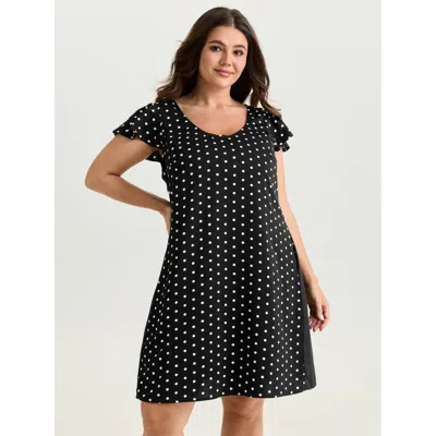 Bloomchic Women's Plus Size Polka Dots Round Neckline Mini Dress Black Polka Dots Knee Length Casual Patchwork
