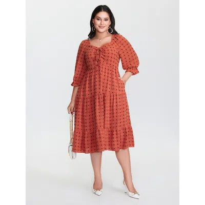 Bloomchic Women's Plus Size Polka Dots Ruched Drawstring Tiered Midi Dress Coral Polka Dots Midi Elegant Ruche In Orange