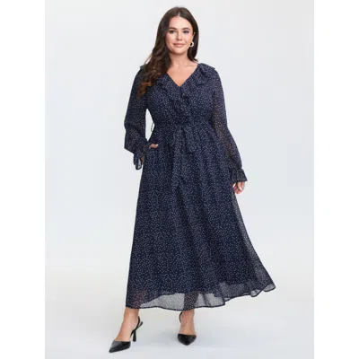 Bloomchic Women's Plus Size Polka Dots Ruffled Neckline Sheer Maxi Dress Darkblue Polka Dots Maxi Elegant Ruff In Blue