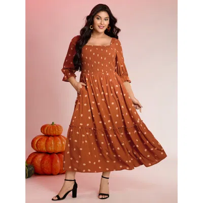 Bloomchic Women's Plus Size Polka Dots Shirred Bodice Pockets Maxi Dress Coral Polka Dots Maxi Elegant Shirred In Orange