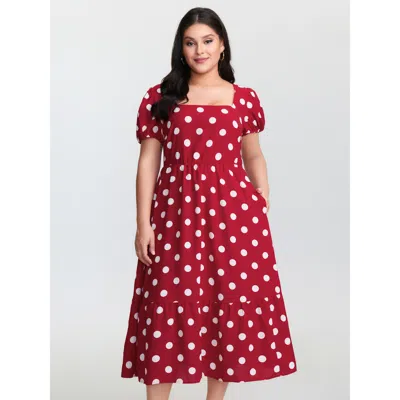 Bloomchic Women's Plus Size Polka Dots Shirred Cinched Waist Midi Dress Crimson Polka Dots Midi Elegant Colorb In Red