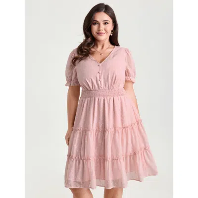 Bloomchic Women's Plus Size Polka Dots Shirred Cuff Sleeve Tiered Mini Dress Lightpink Synthetic Texture Short