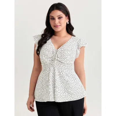 Bloomchic Women's Plus Size Polka Dots Shirred Ruffled Sleeve Blouse Whitesmoke Polka Dots Elegant Cap Sleeve 