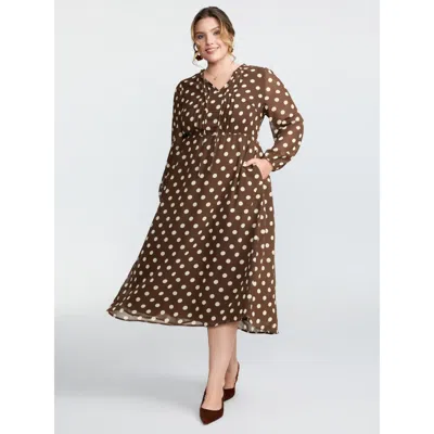 Bloomchic Women's Plus Size Polka Dots Shirred Stretchy Waist Midi Dress Browncoffeecolor Polka Dots Midi Eleg