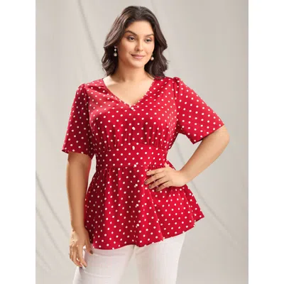 Bloomchic Women's Plus Size Polka Dots Shirred Waist Blouse Brightred Polka Dots Elegant Short Sleeve V-neck 3