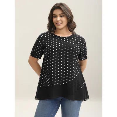 Bloomchic Women's Plus Size Polka Dots Spliced Ruffled Hem Shirt Black Polka Dots Elegant Short Sleeve Round N