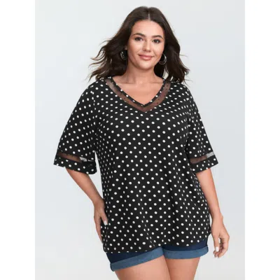 Bloomchic Women's Plus Size Polka Dots Stretchy V-neck T-shirt Black Polka Dots Casual 3/4 Sleeve 10/m