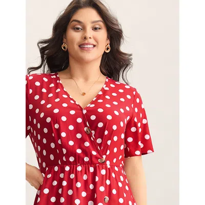 Bloomchic Women's Plus Size Polka Dots Surplice Button Detail Midi Dress Burgundy Polka Dots Midi Elegant 28/5