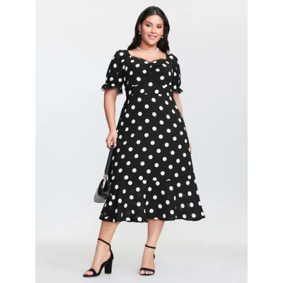 Bloomchic Women's Plus Size Polka Dots Sweetheart Fishtail Hem Midi Dress Black Polka Dots Midi Elegant Woven 